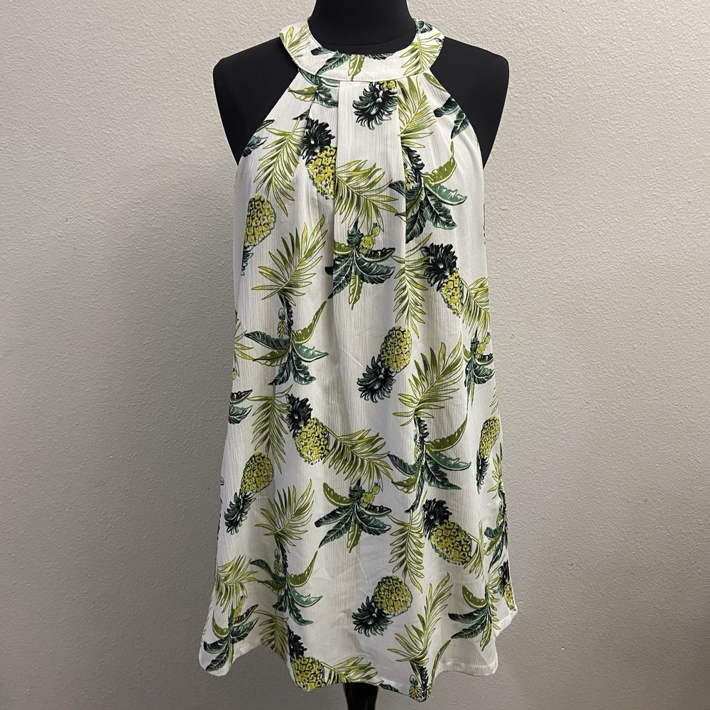 Loveriche Women's Tropical Pineapple Print Halter Dress Size S Pockets NEW Flaw